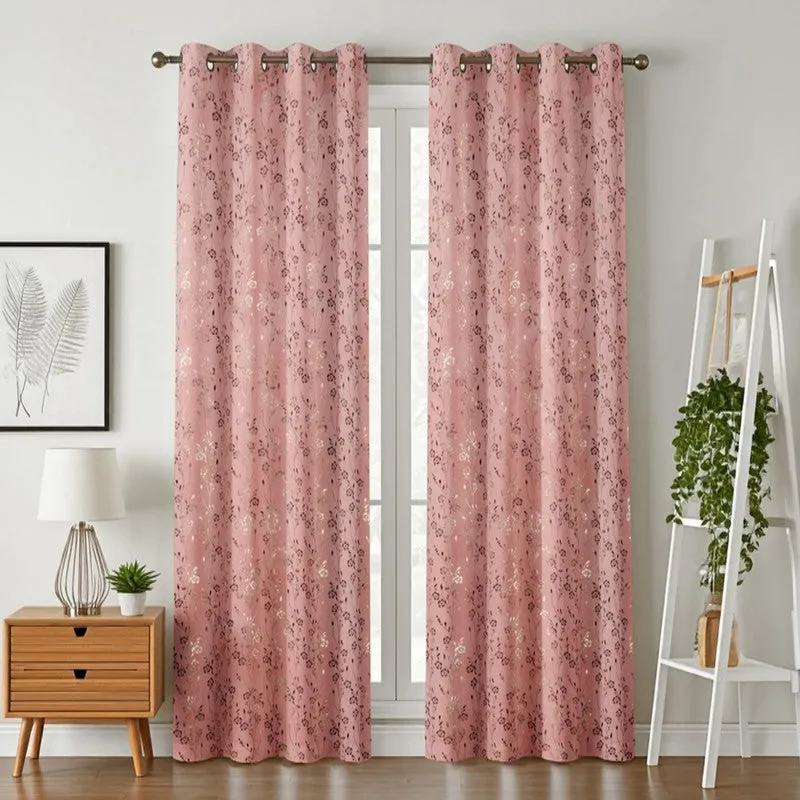 Glow Touch Printed Velvet Curtains (Peach,Gold) - Set Of Two media 1