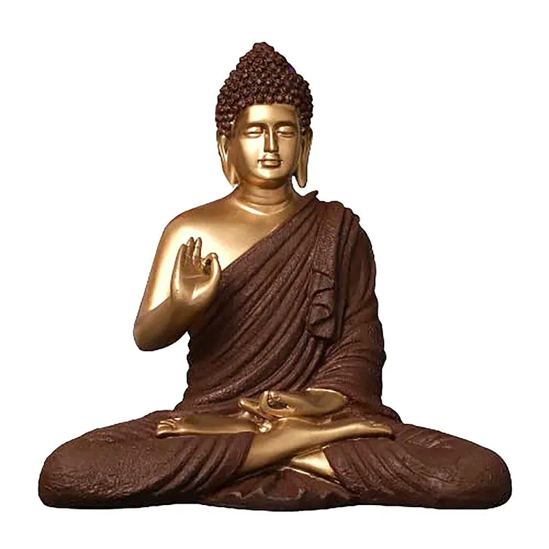 Brown and gold Buddha idol on a plain white background