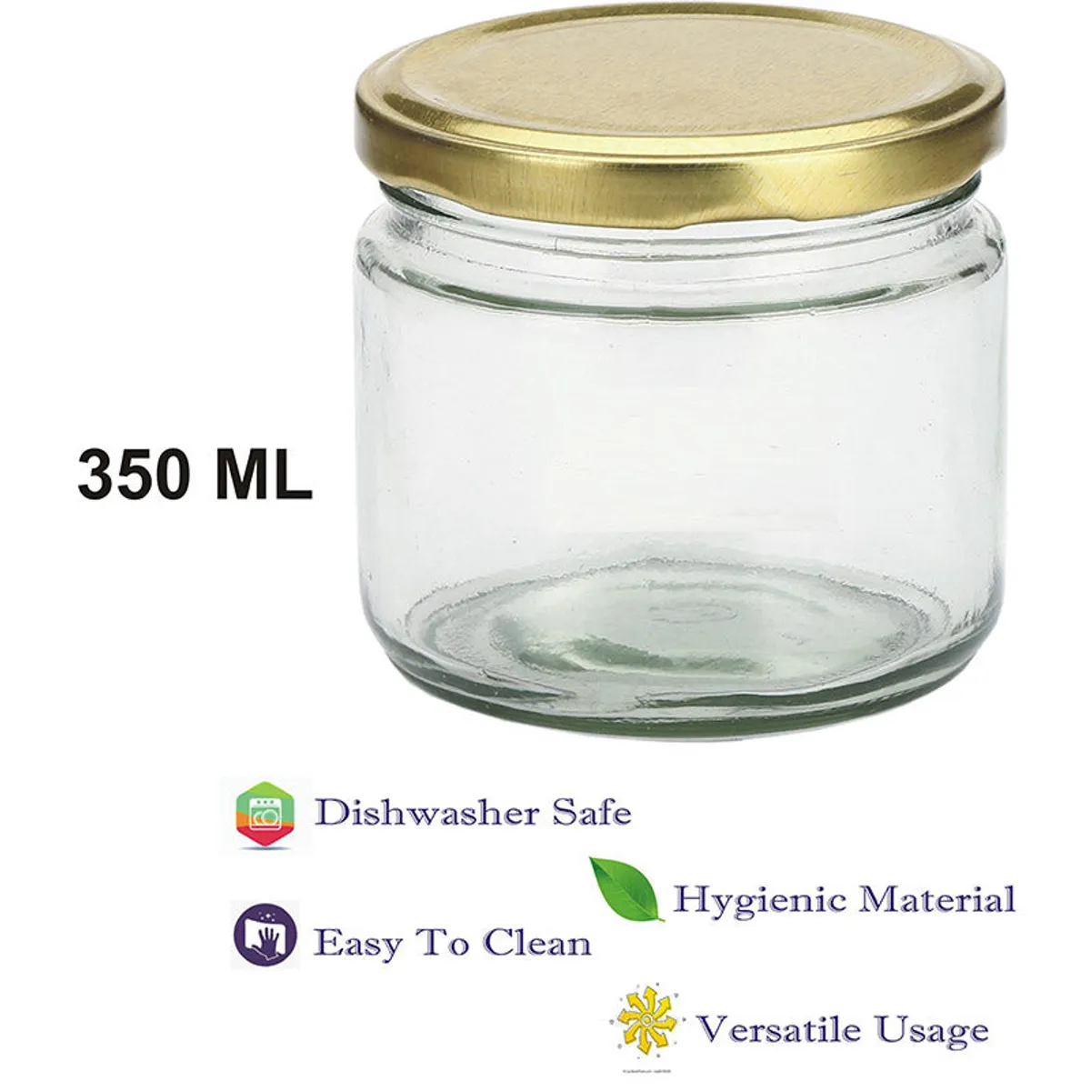 Close-up of a transparent cylindrical glass jar with a shiny gold lid.