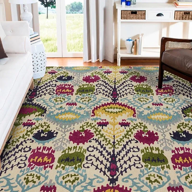 Saruman Hand Tufted Ethnic Wool & Nylon Carpet - Beige & Green media 3