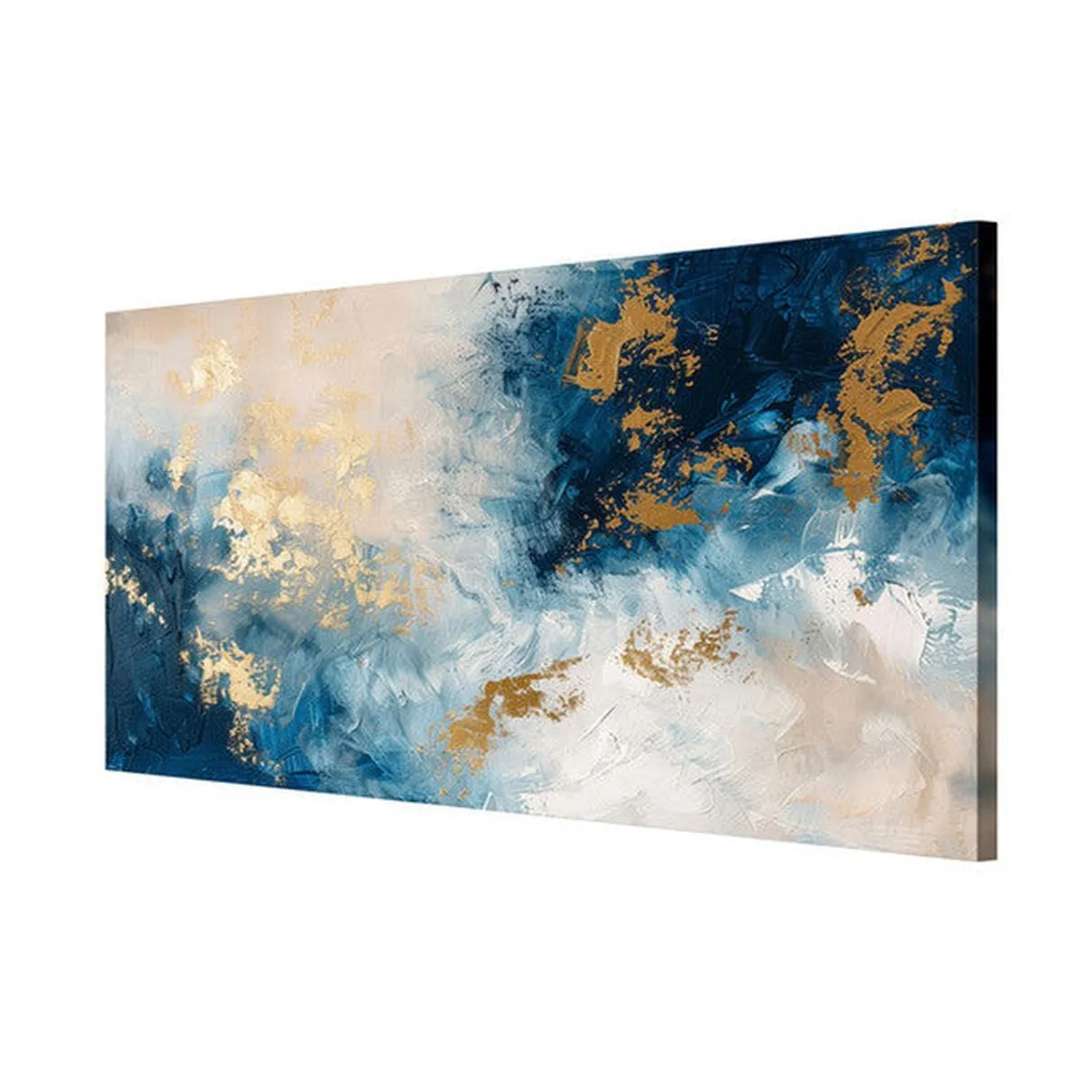 Angled view of blue and gold abstract canvas wall painting