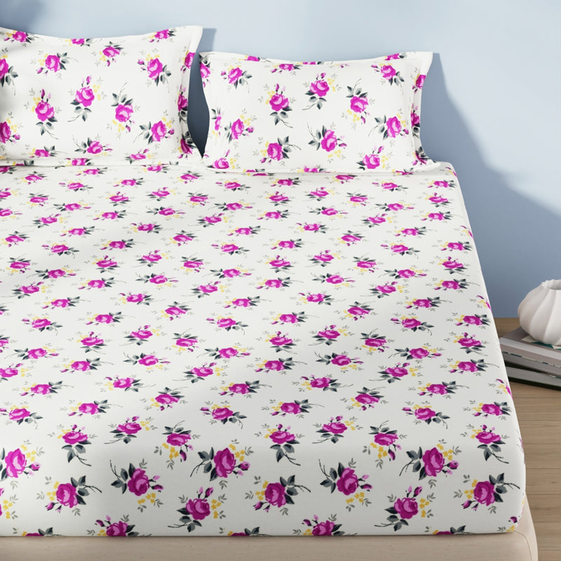 Serina Flora Cotton Bedsheet (Dark Pink) - 144 TC media 3