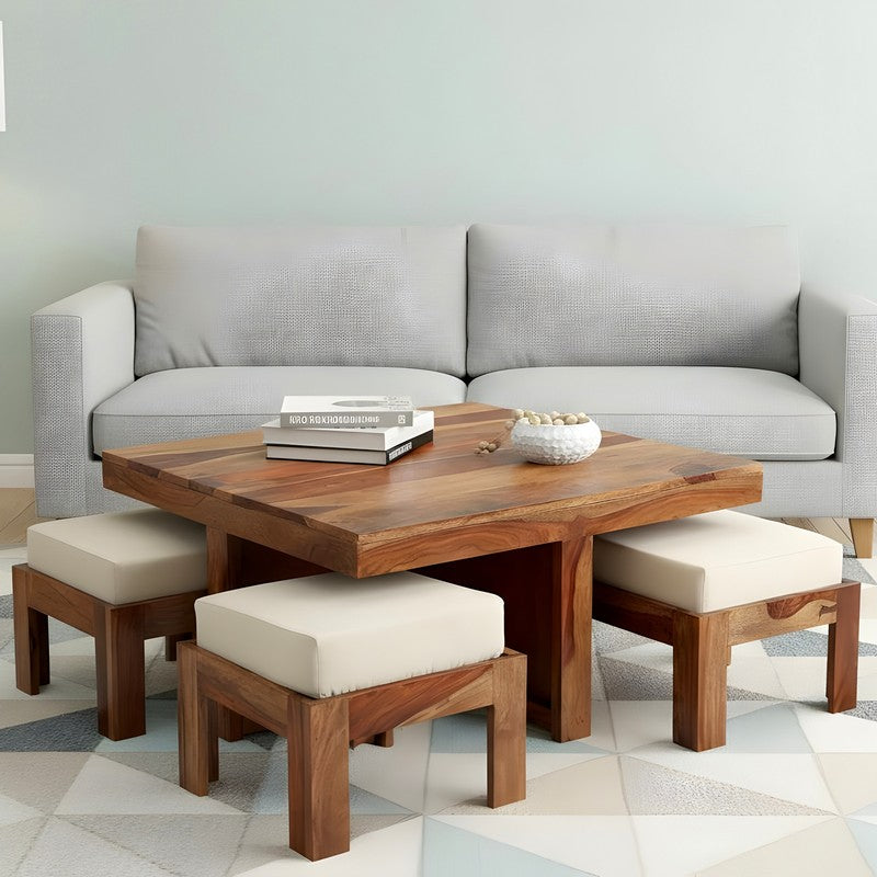 Evrino Sheesham Wooden Center Table with Stools and Cushions (Brown,White) - Nine Piece Set media 3