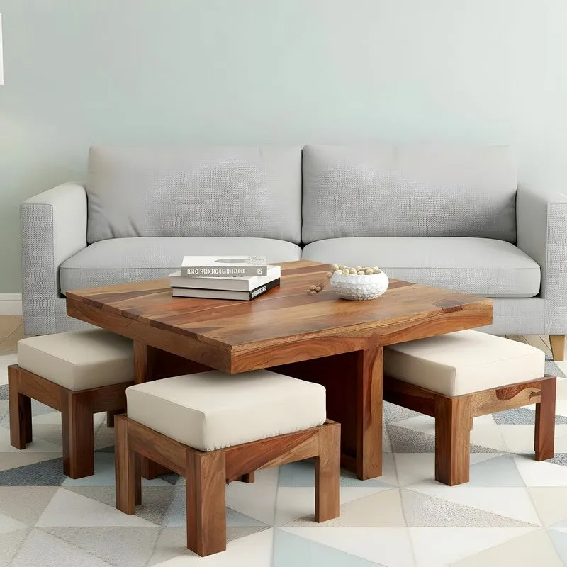 Evrino Sheesham Wooden Center Table with Stools and Cushions (Brown,White) - Nine Piece Set media 3