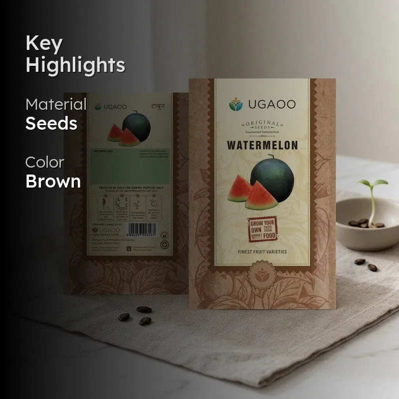 Watermelon seed packet with key highlights overlay on a tabletop