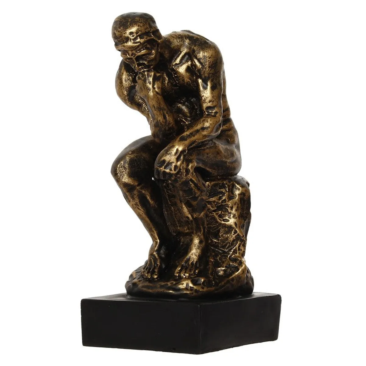 Front view of gold and black thinker figurine on a black base