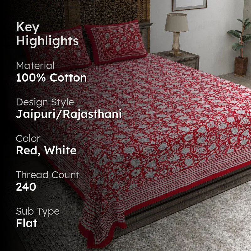 Blossomar Cotton Bedsheet (Red,White) - 240 TC media 2