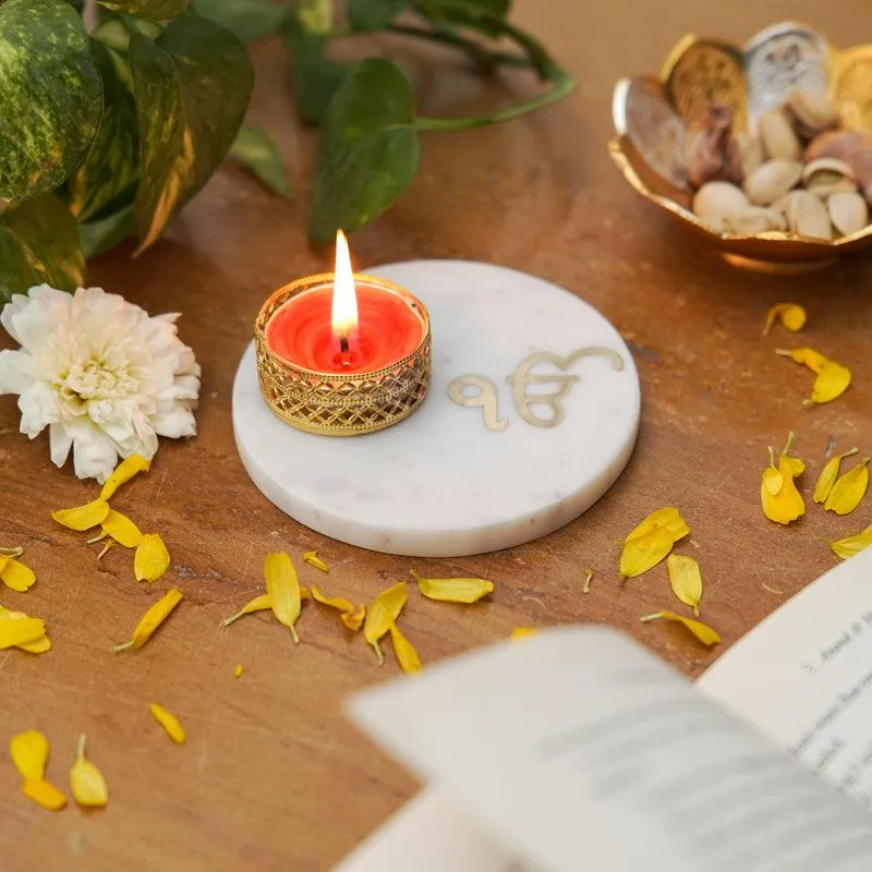 Ik Onkar Tealight Candle Holder With Marble Base media 4