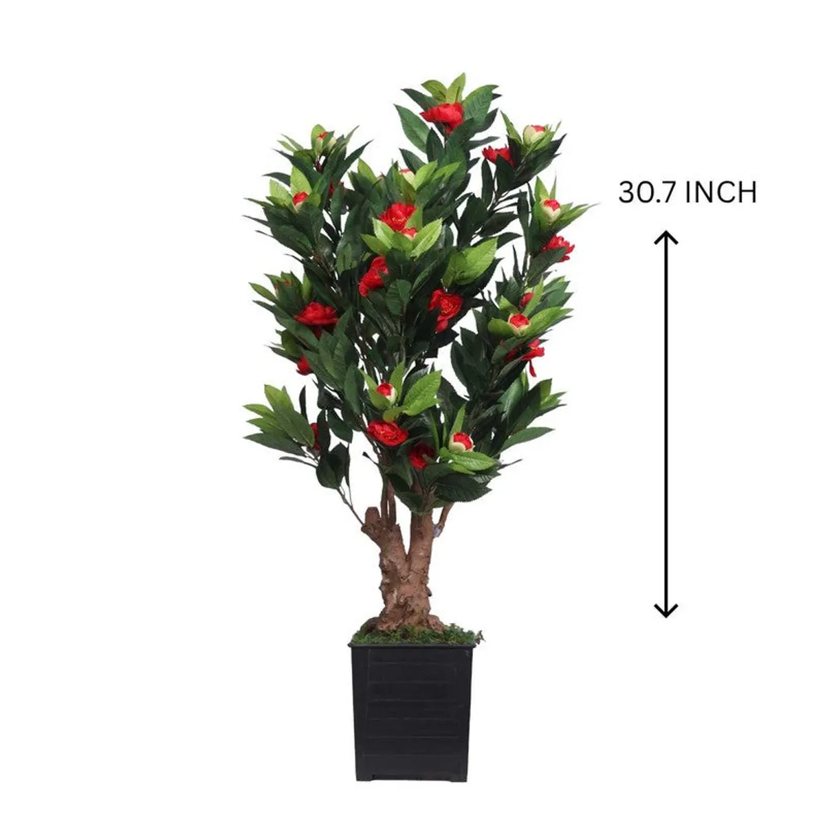 Full artificial red rose plant shown with a black pot