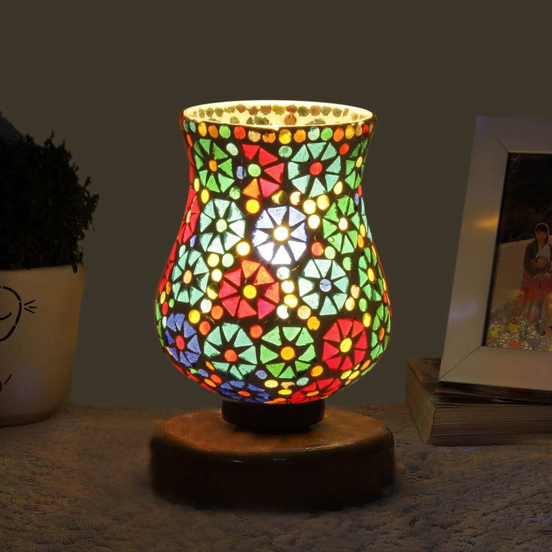 Aureline Mosaic Glass Table Lamp With Wooden Base - Multicolor