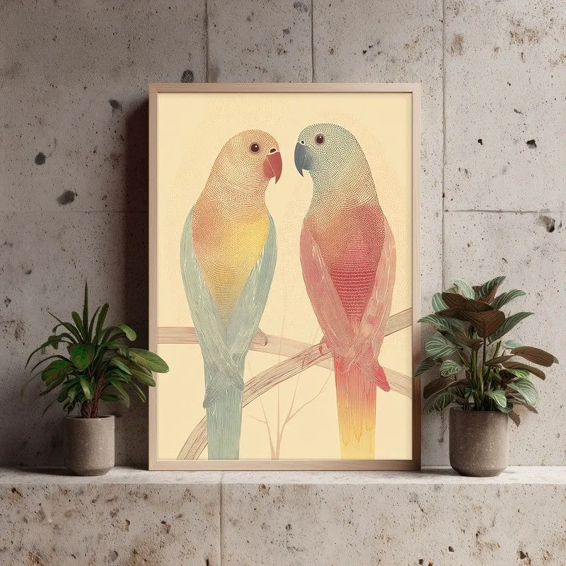 Lovebirds Illustration Canvas Wall Painting With Brown Frame media 6