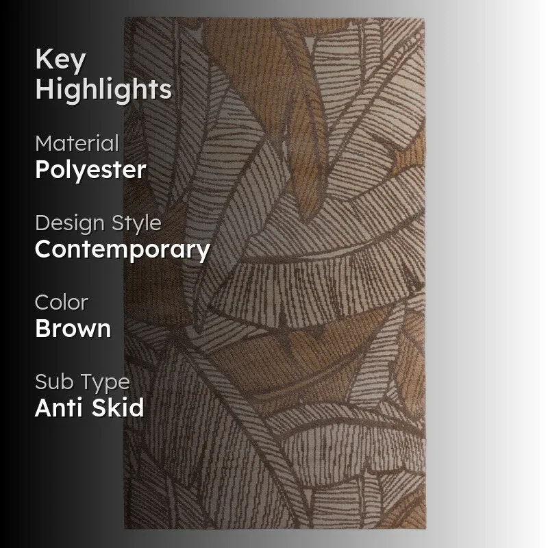 Brown abstract leaf carpet shown with product highlights