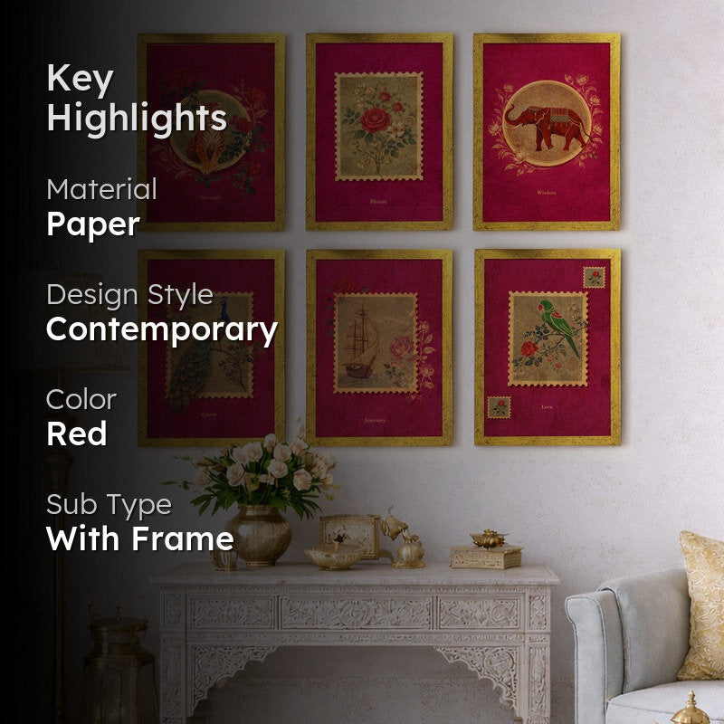 Sultanate Stamps Paper Wall Painting With Frame - Set Of Six media 2