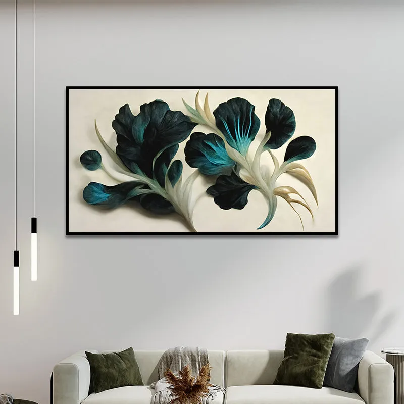 Ebony Indigo Blooms Floral Canvas Wall Painting With Frame - Black media 3