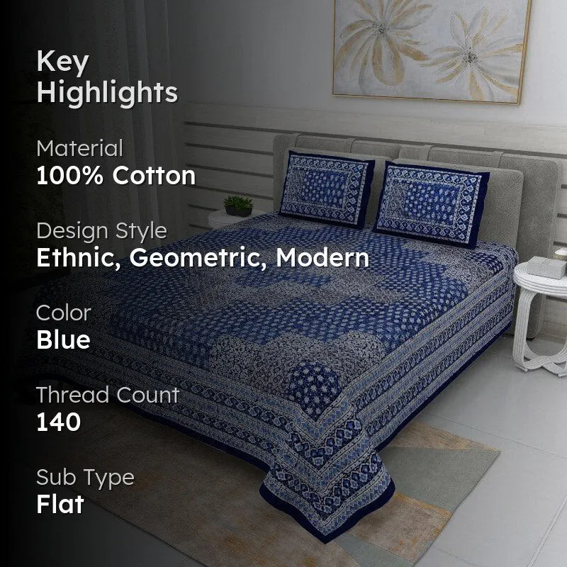 Checkered Glam Ethnic Cotton Bedsheet (Blue) - 140 TC media 2