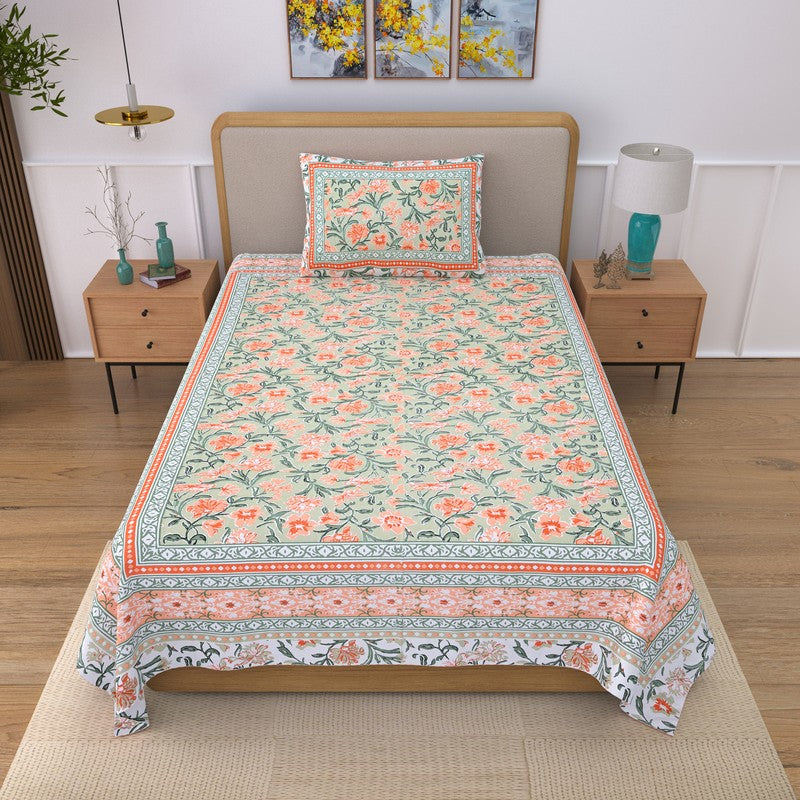 Cozyra Floral Cotton Bedsheet (Green) - 240 TC