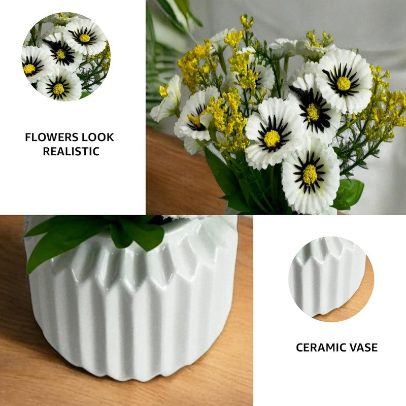 Faux Aster Plant With Ceramic Pot - White & Yellow media 6