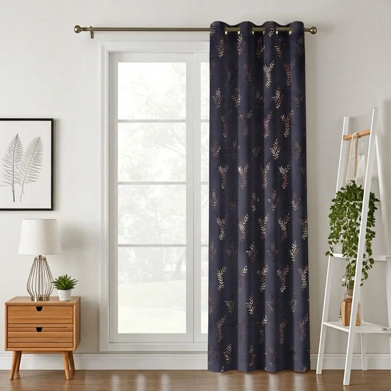 Shimmer Veil Printed Velvet Curtain - Navy Blue,Gold media 1