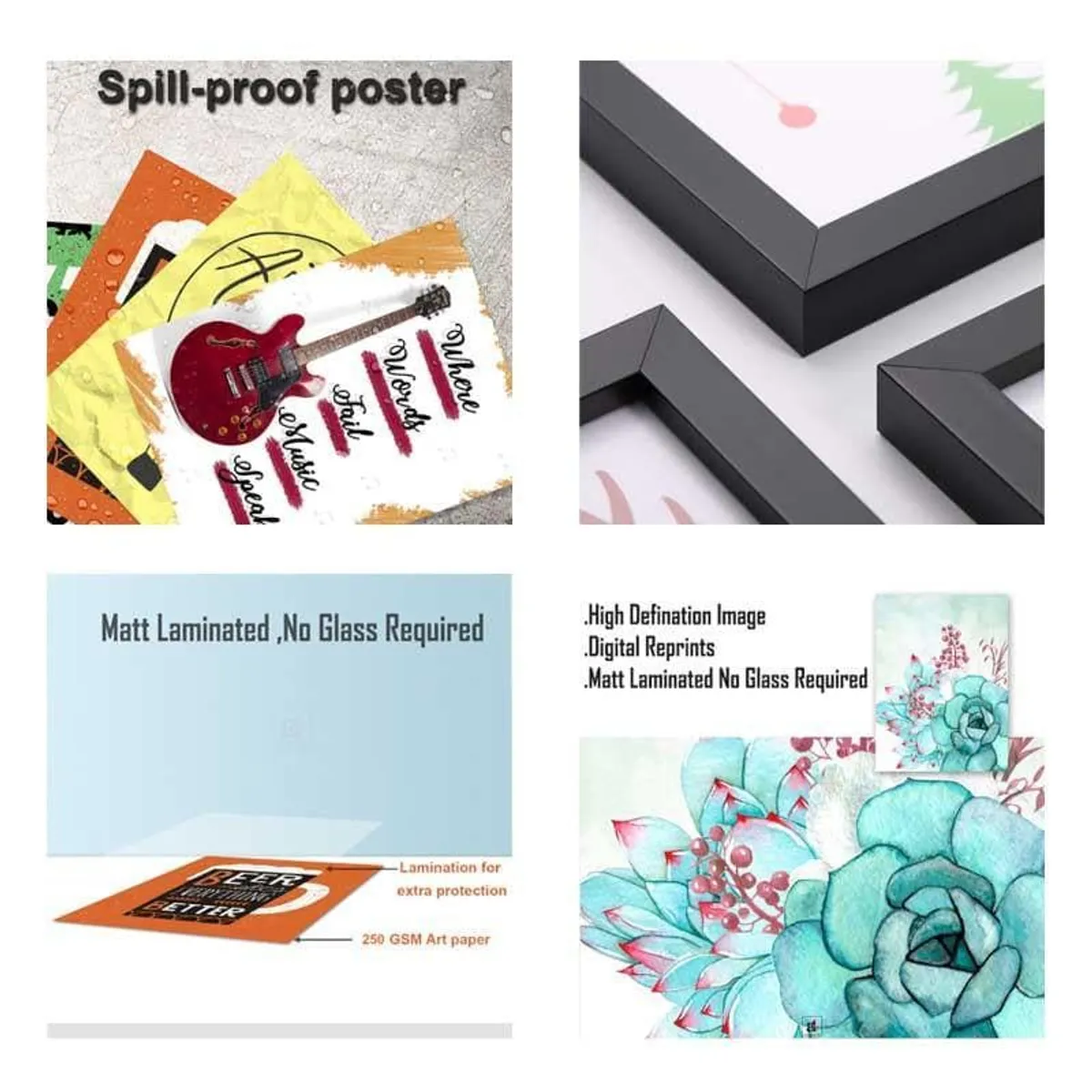 Collage showing framed art print details and close-up frame views