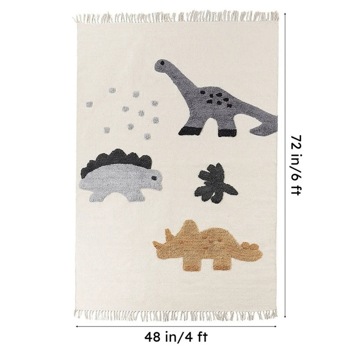 Dinosaur rug shown with measurements of 72 inches by 48 inches