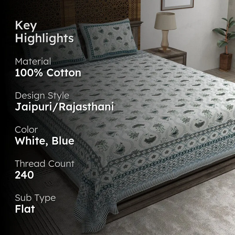Blossomza Cotton Bedsheet (White,Blue) - 240 TC media 2