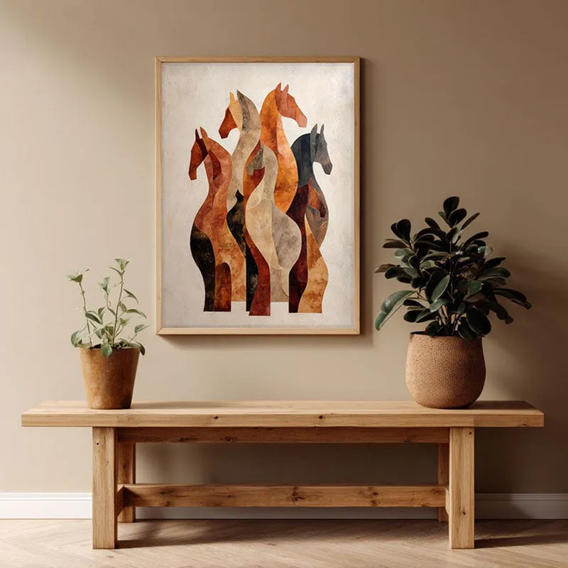 Silhouetted Horses Wall Painting With Brown Frame media 1