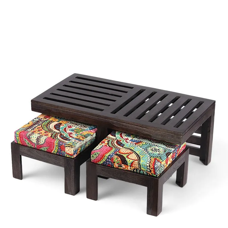 Zavro Sheesham Wooden Center Table with Stools (Deep Brown,Multicolor) - Five Piece Set media 3