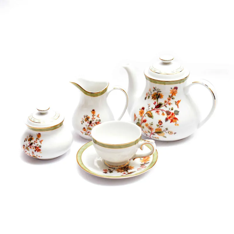 Painted Bloom 24k Gold Brushed Porcelain Tea Set With Tea Pot - Seventeen Piece Set media 4