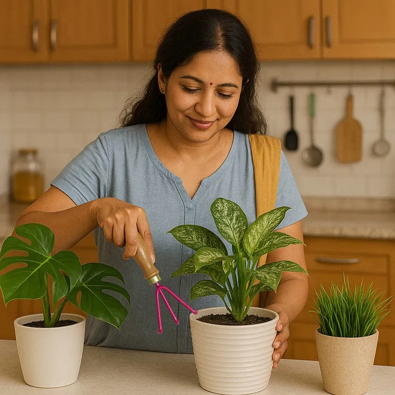 Gardener using the pink cultivator between potted houseplants indoors.