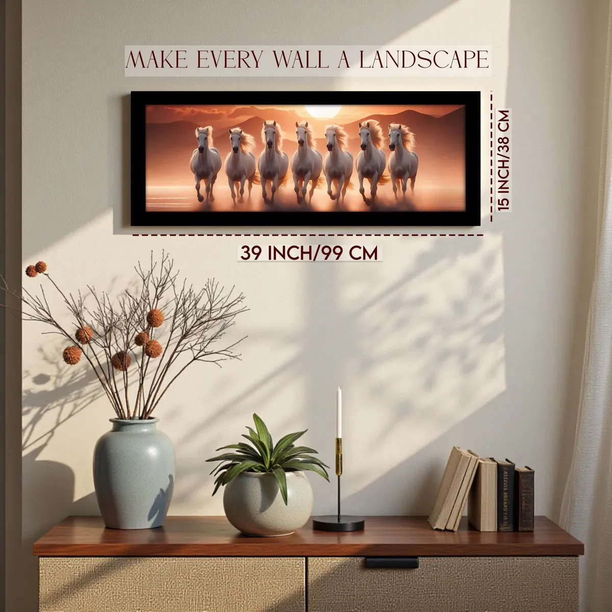 Rectangular framed horse wall painting shown on a wall with size graphic