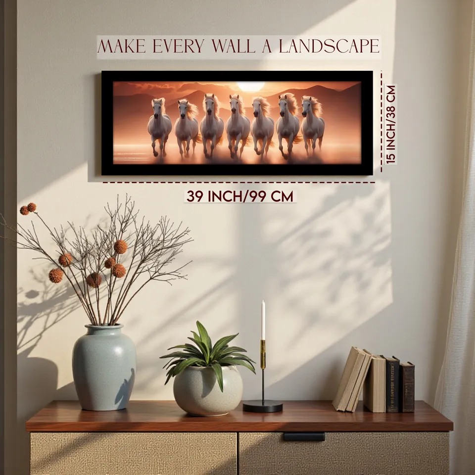 Rectangular framed horse wall painting shown on a wall with size graphic