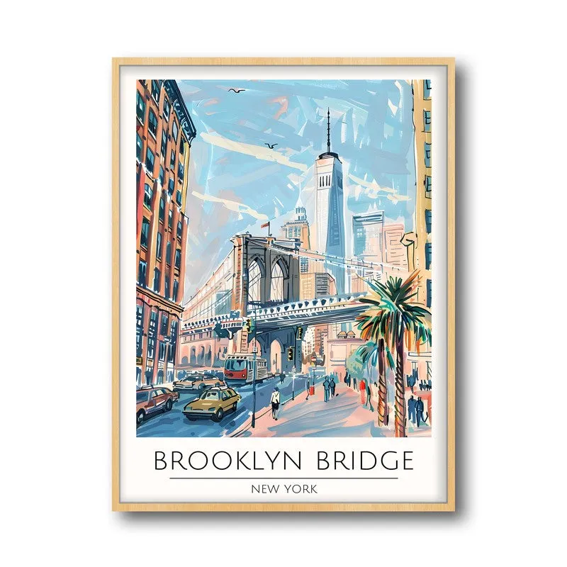 Vintage Brooklyn Bridge Framed Canvas Archival Canvas Wall Painting - Natural Brown Frame media 5