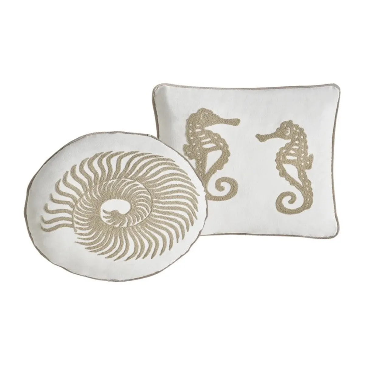 Round shell motif and square seahorse motif cushion covers on a white background.