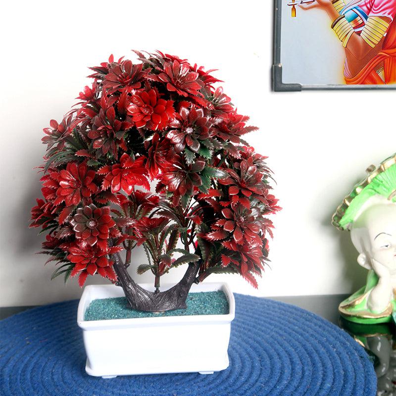 Faux Fiery Red Plant With Black Plastic Pot