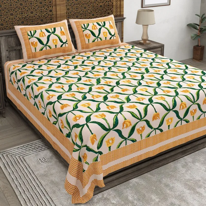 Patternus Cotton Bedsheet (Yellow,Green) - 240 TC media 1