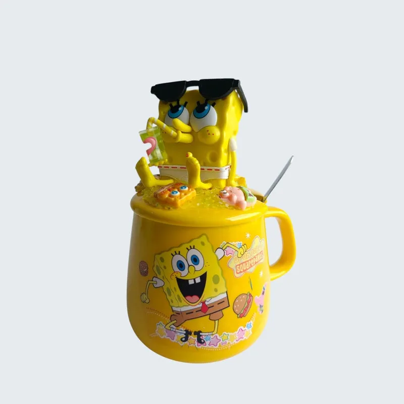 Yellow SpongeBob mug with lid shown from another side angle