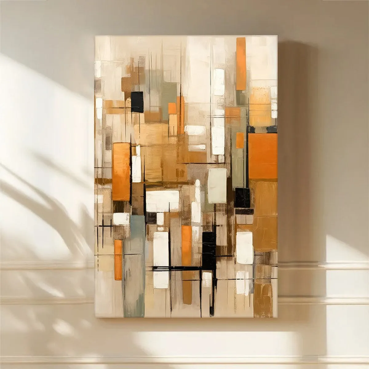 Vertical abstract wall art with orange, beige and black blocks