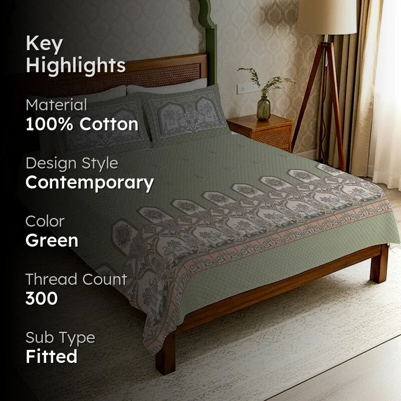 Urban Space Parampara Ethnic Fitted Cotton Bedsheet (Sage Green) - 300 TC media 2