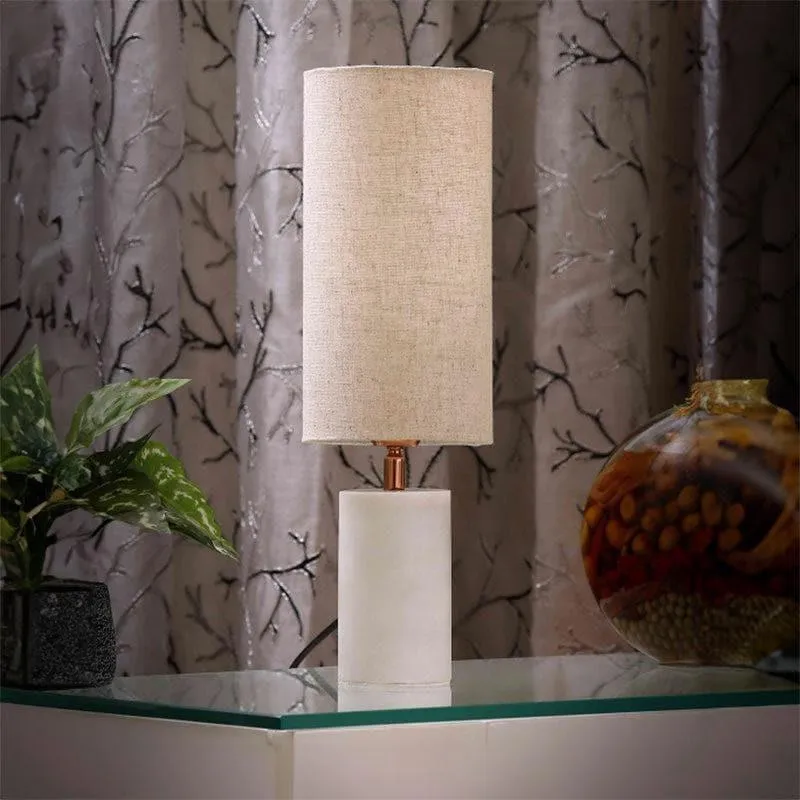 Cia Cylindrical Hand Crafted Marble Fabric Table Lamp - Beige,White media 3
