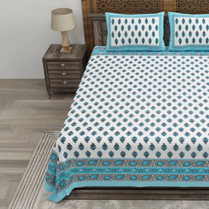 Bloomza Cotton Bedsheet (Teal,White) - 240 TC media 3