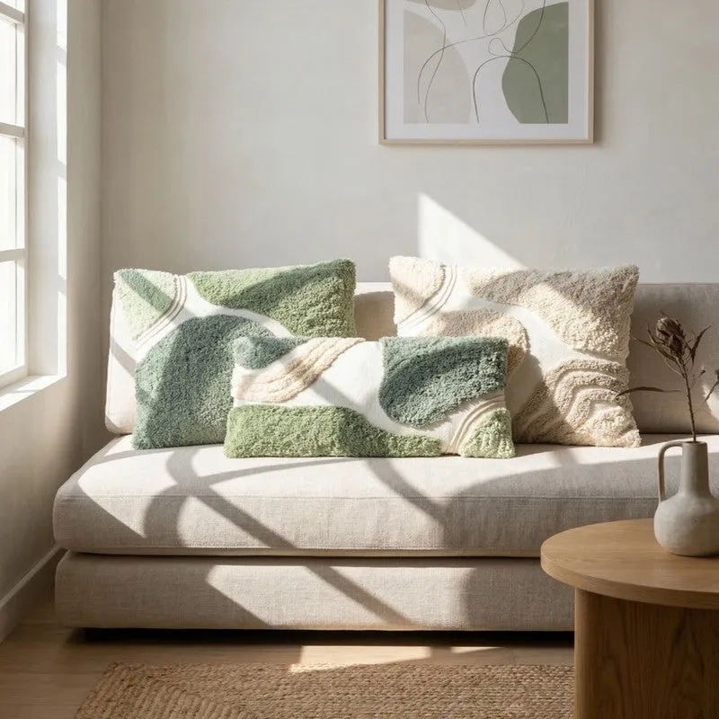 Soft Charm Tufted Cotton Cushion Cover (Green) - Set of Three - 3