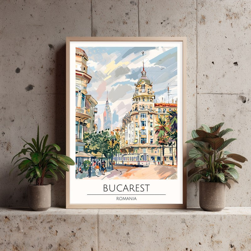 Vintage Bucarest Framed Canvas Archival Canvas Wall Painting - Natural Brown Frame media 3