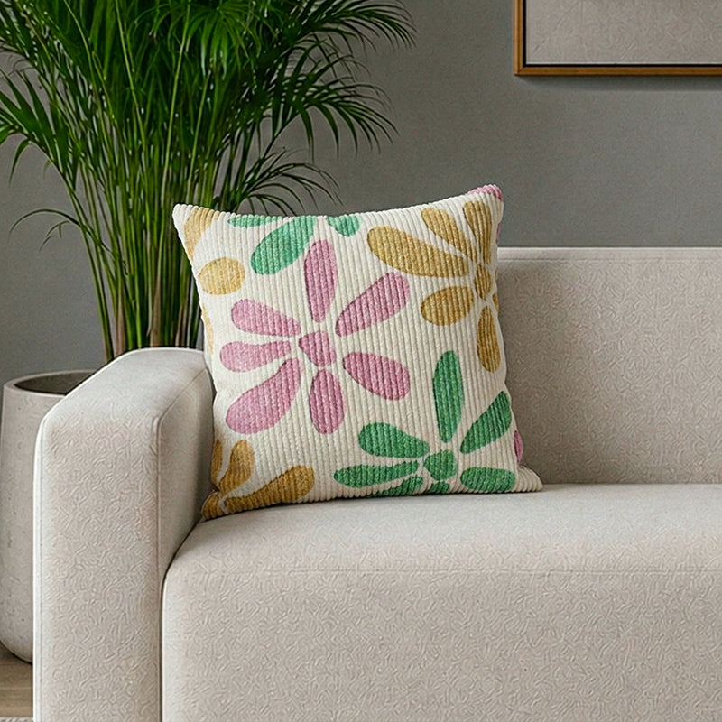 FloralGrace Cushion Cover - Pink, Mustard - 16 x 16 Inches