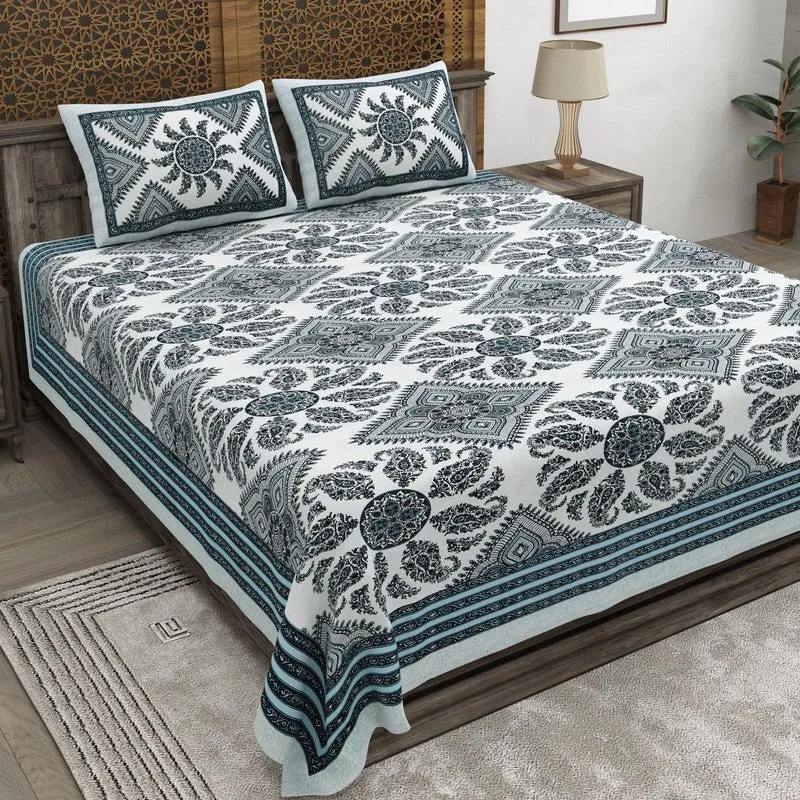 Loomix Cotton Bedsheet (White,Blue) - 240 TC media 1