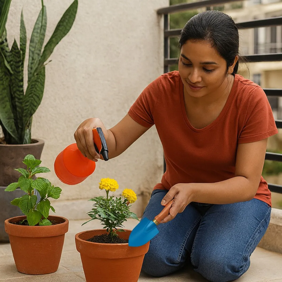 Gardener using a blue hand trowel beside potted flowering plants
