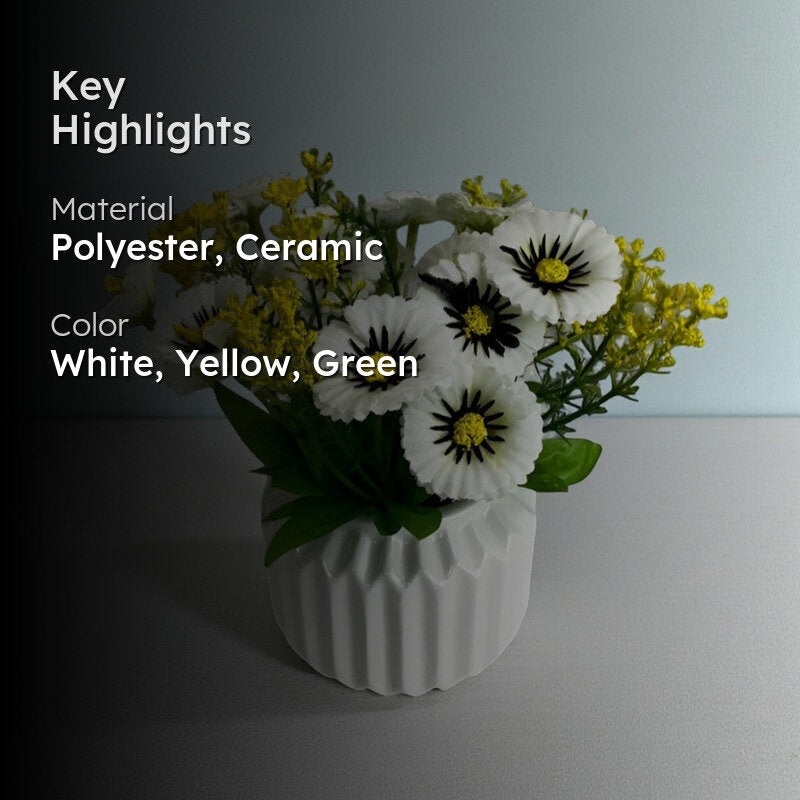 Faux Aster Plant With Ceramic Pot - White & Yellow media 2