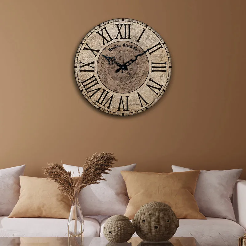 Vintage-style round wall clock displayed on a warm brown wall