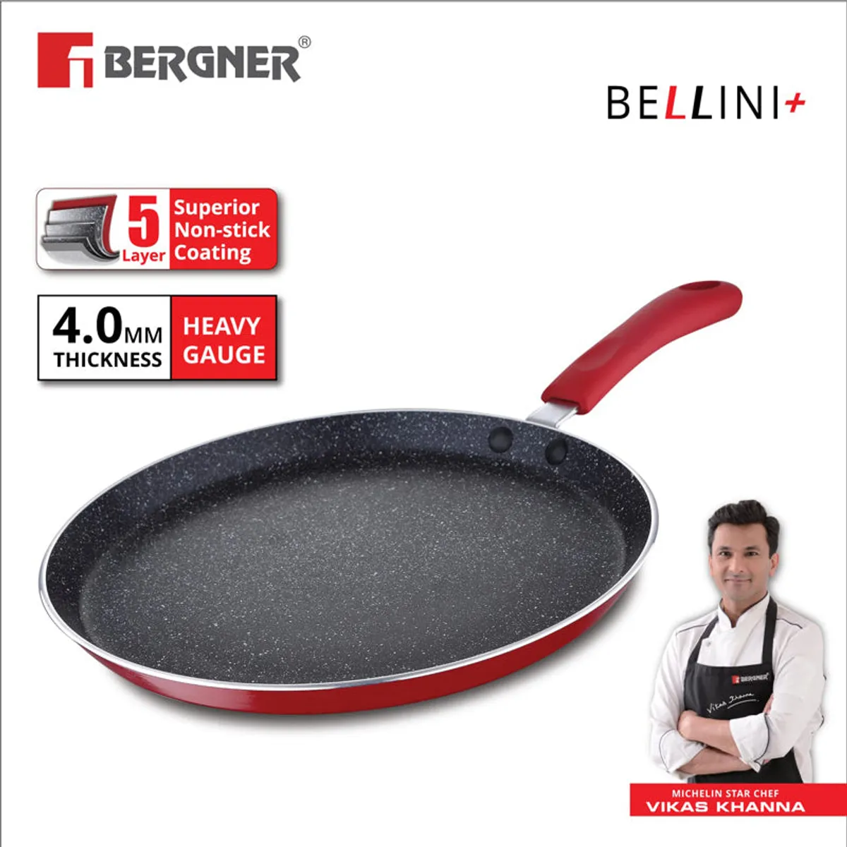 Red Bergner dosa tawa shown with its five-layer non-stick coating