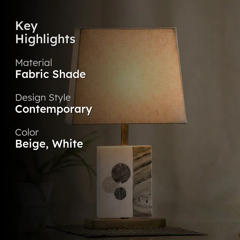 Blaze Printed Fabric Table Lamp With Marble & Brass Base - Beige,White media 2