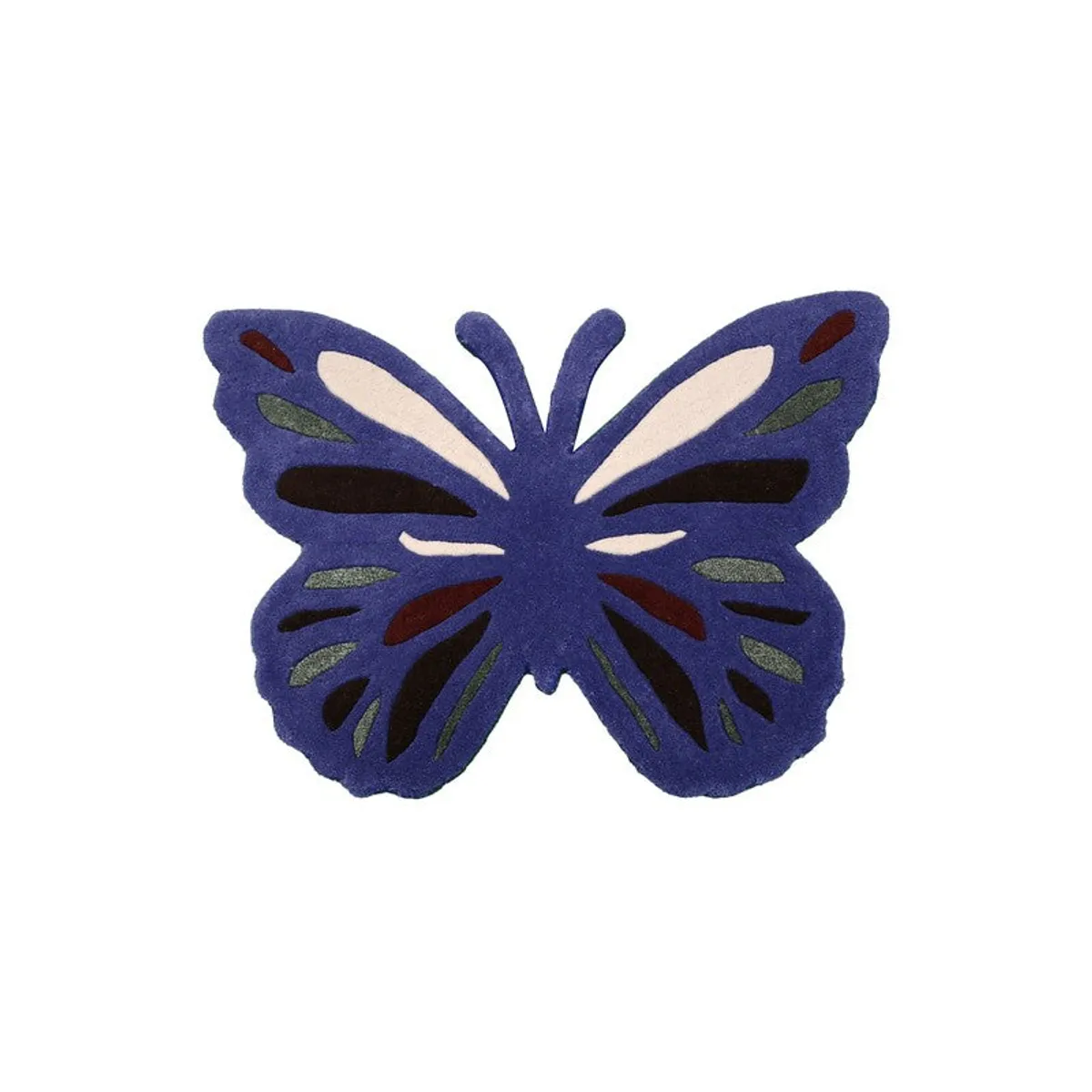 Blue butterfly-shaped wool carpet with cream, olive, wine and dark patterned inlays